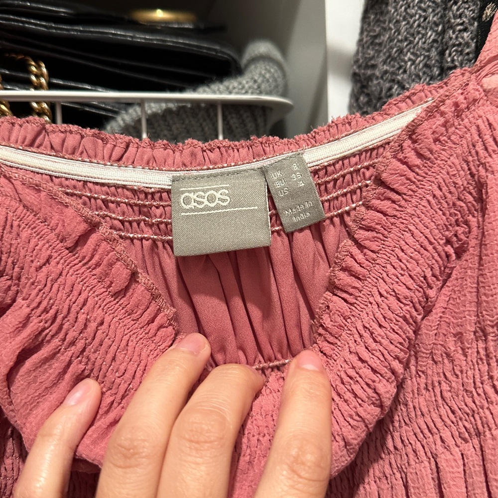 ASOS Pink Midi Dress with Smocked Bodice and Puff Sleeves - Picture 9 of 9
